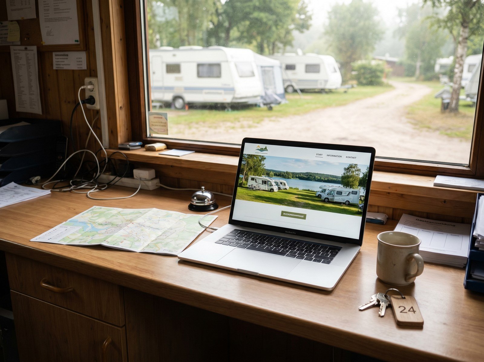 Campingplatz-Website auf einem Laptop an der Rezeption
