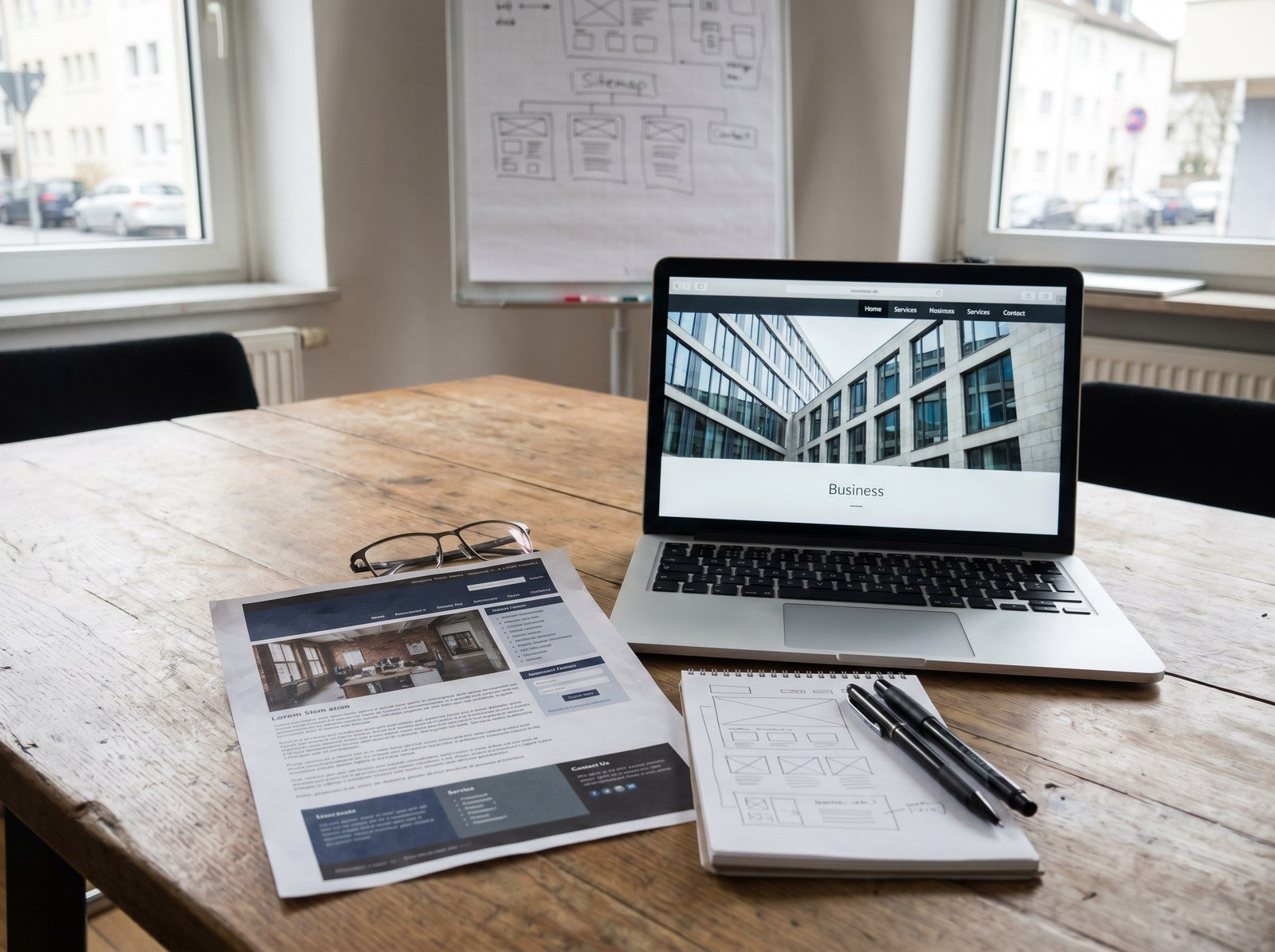 Website-Relaunch: alte und neue Website im Vergleich auf einem Besprechungstisch